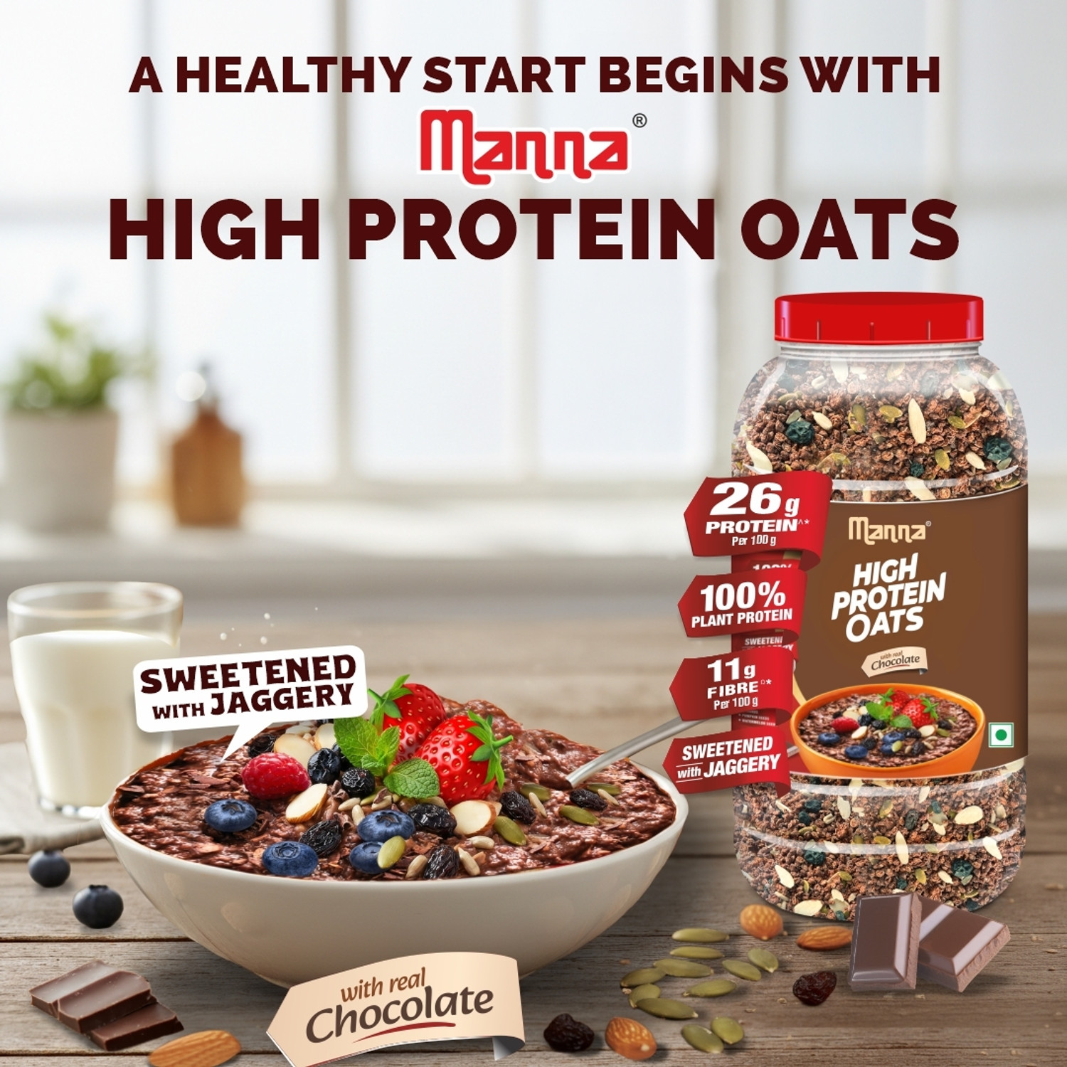 Image of Manna High Protein Oats - 26g Protein & 11g Fibre | Real Chocolate | Nuts & Seeds Jar