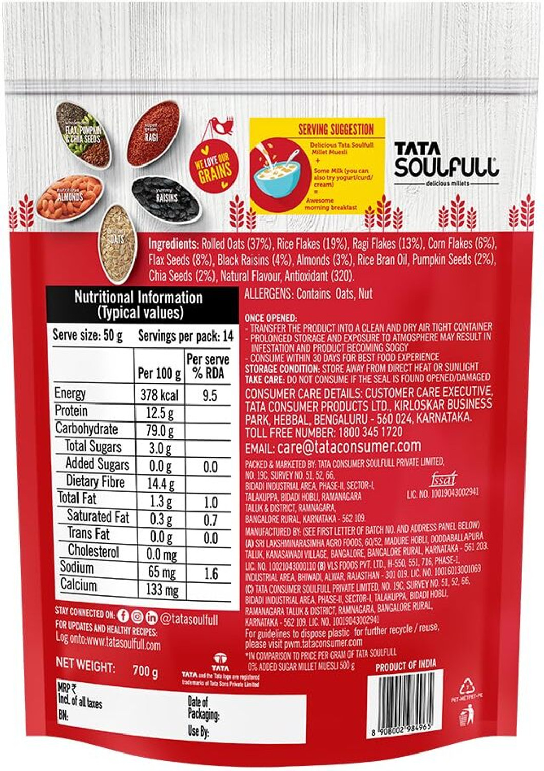 Image of Tata by na Soulfull 0% Added Sugar Millet Muesli, Fruit, Nut & Seeds, Contains Ragi Flakes Pouch