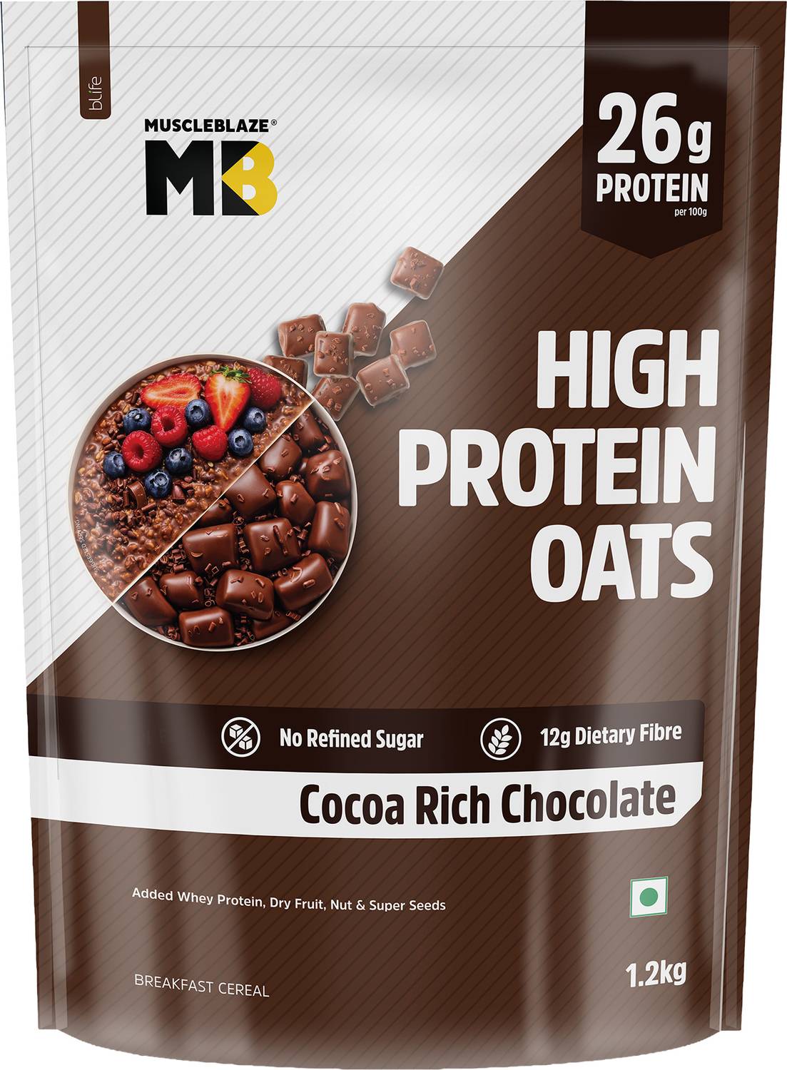 MUSCLEBLAZE High Protein Oats, Cocoa Rich Chocolate, 26g - Image 1