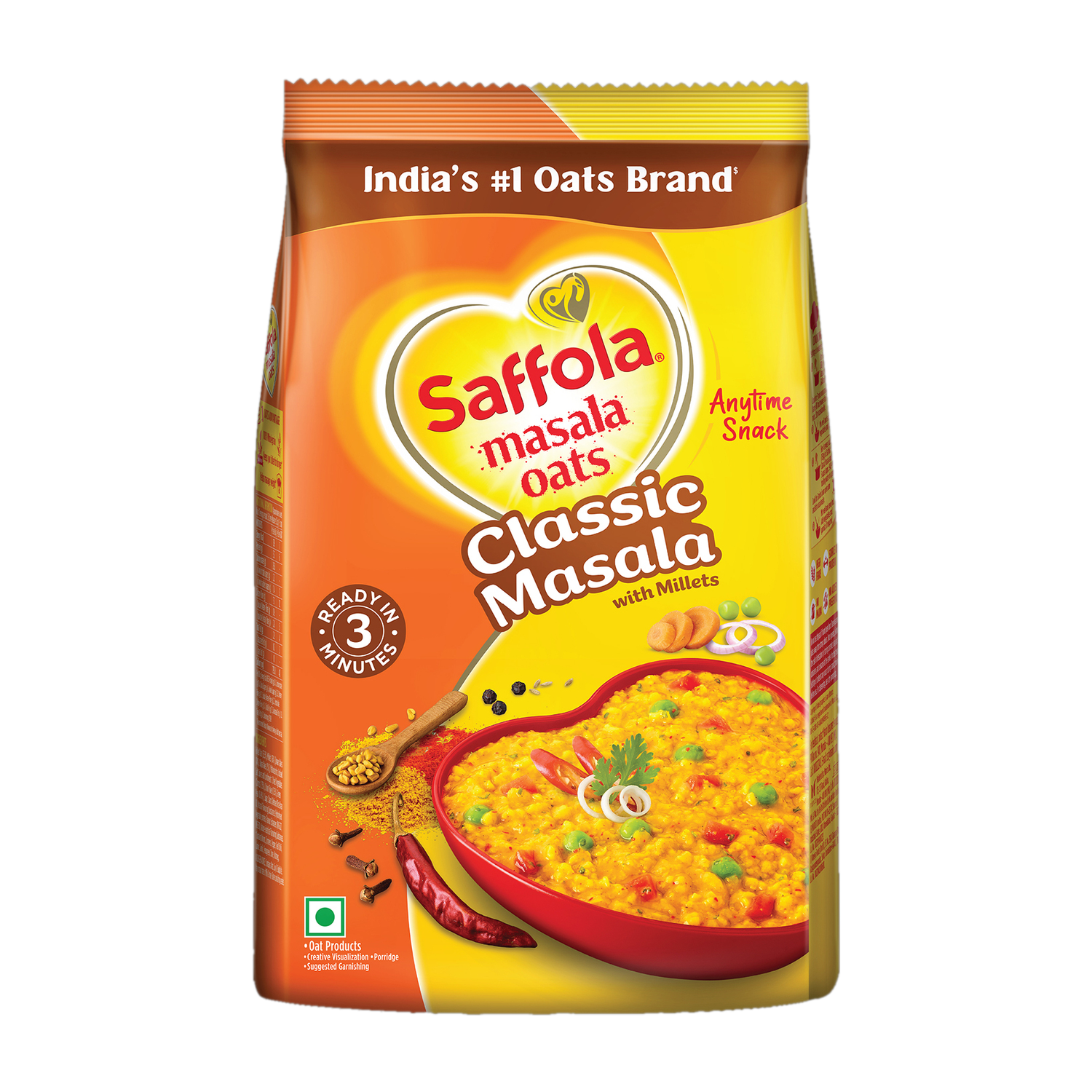 Saffola Masala Oats, Classic Masala Anytime Snack Ready in 3 mins No added preservatives Pouch