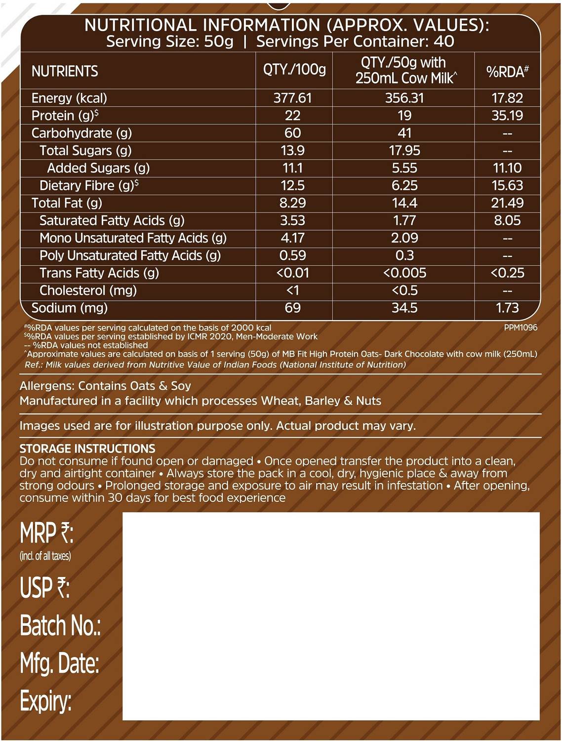 MUSCLEBLAZE High Protein Oats, Dark Chocolate, 1 kg - Image 3