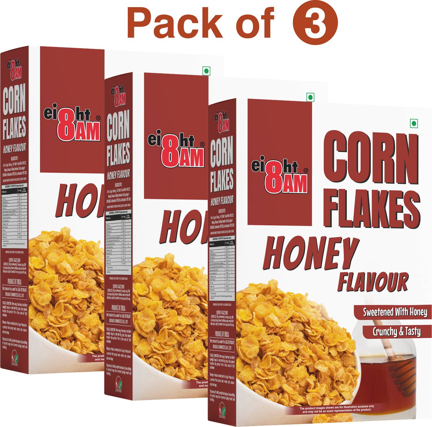 8AM Corn Flakes Honey, Healthy, Crunchy & Tasty Snack, Nutritious Breakfast Cereal Box