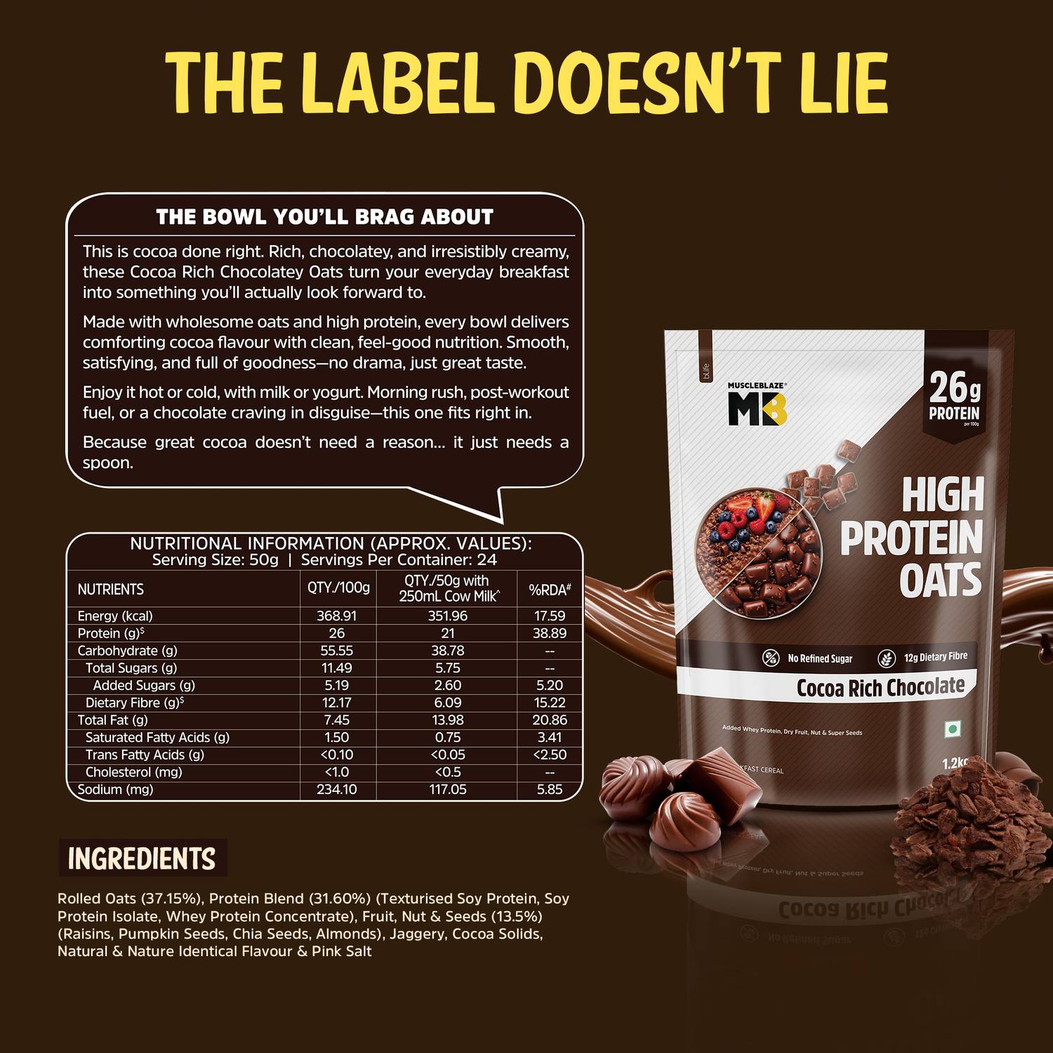 MUSCLEBLAZE High Protein Oats, Cocoa Rich Chocolate, 26g - Image 4