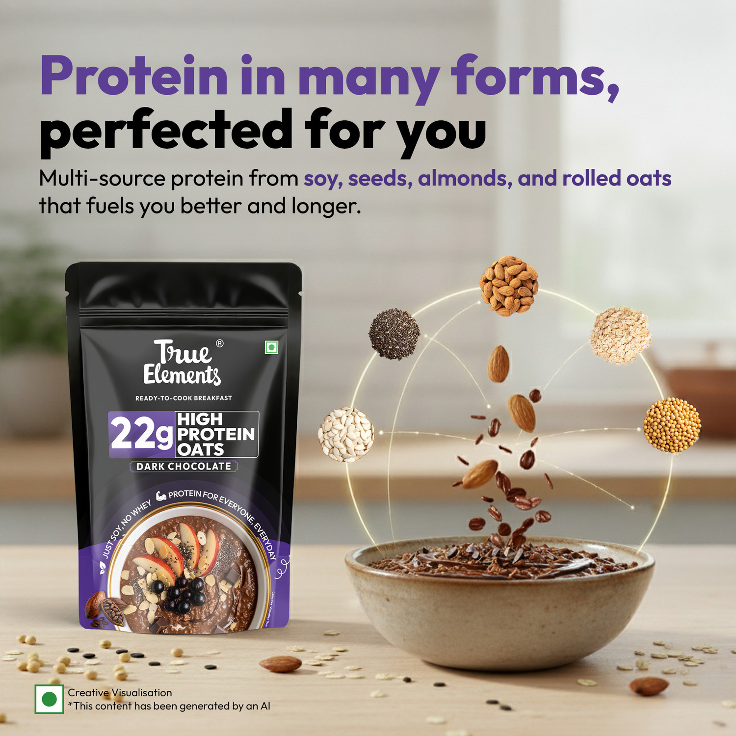 Image of True Elements 22g High Protein Oats - Dark Chocolate 700gm (Super Oats) Pouch
