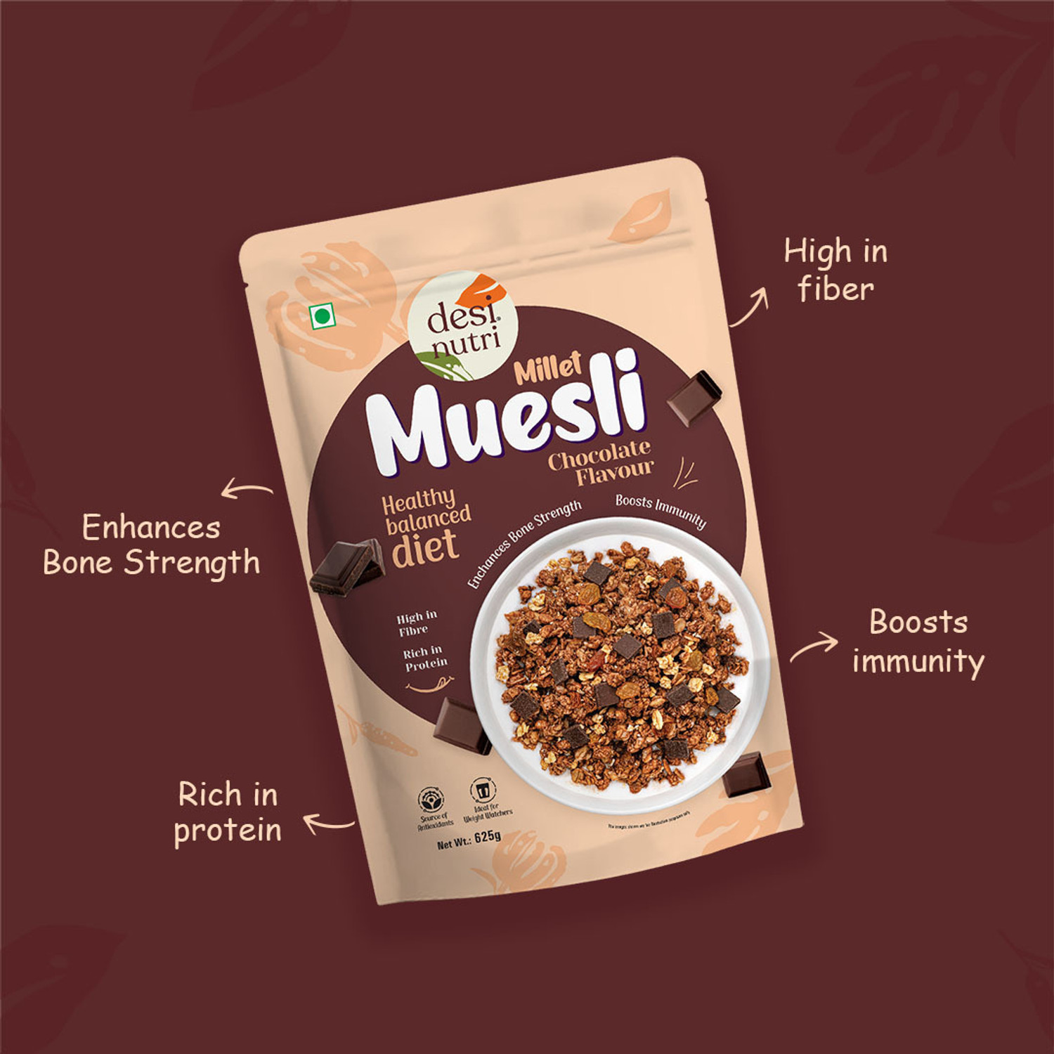 Image of DesiNutri Millet Muesli Chocolate Flavour 625grams | Ready to eat breakfast | High protein Pouch