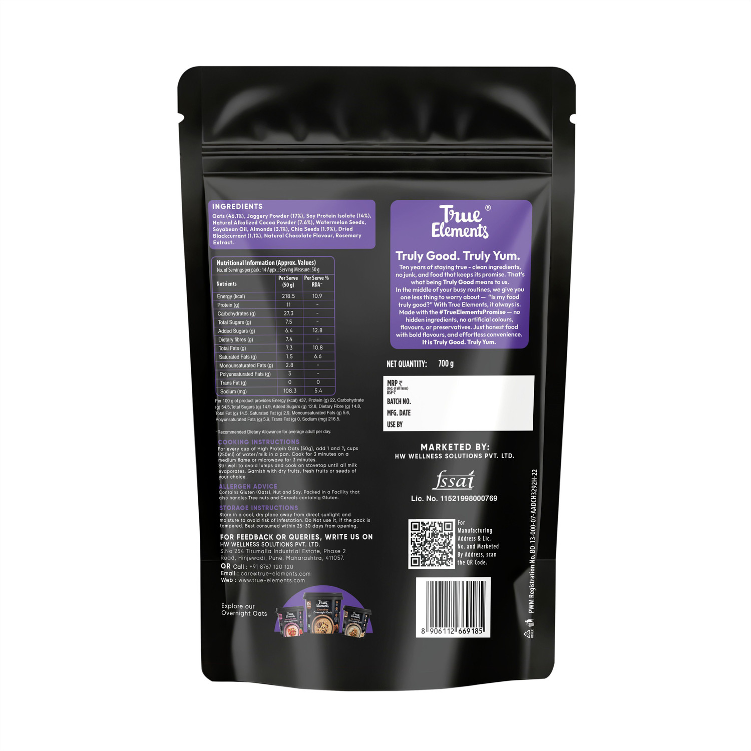 Image of True Elements 22g High Protein Oats - Dark Chocolate 700gm (Super Oats) Pouch