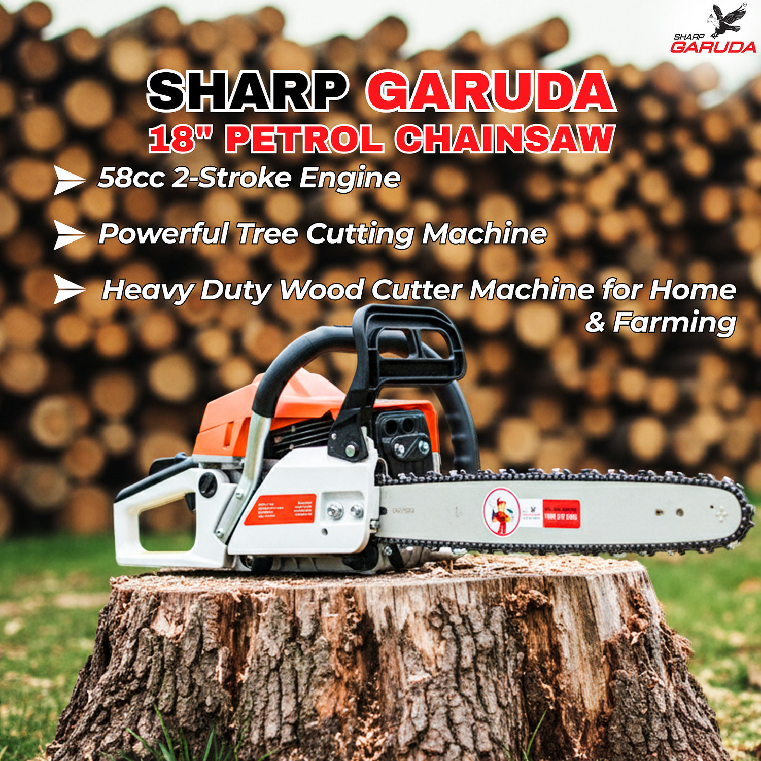 Image of Sharp Garuda Chainsaw 18inch | 58cc 2-Stroke Petrol Engine | Wood Cutting Saw Machine | Tree Cutter Tool for Garden & Farming Branch Felling, Trimming & Outdoor Use Fuel Chainsaw