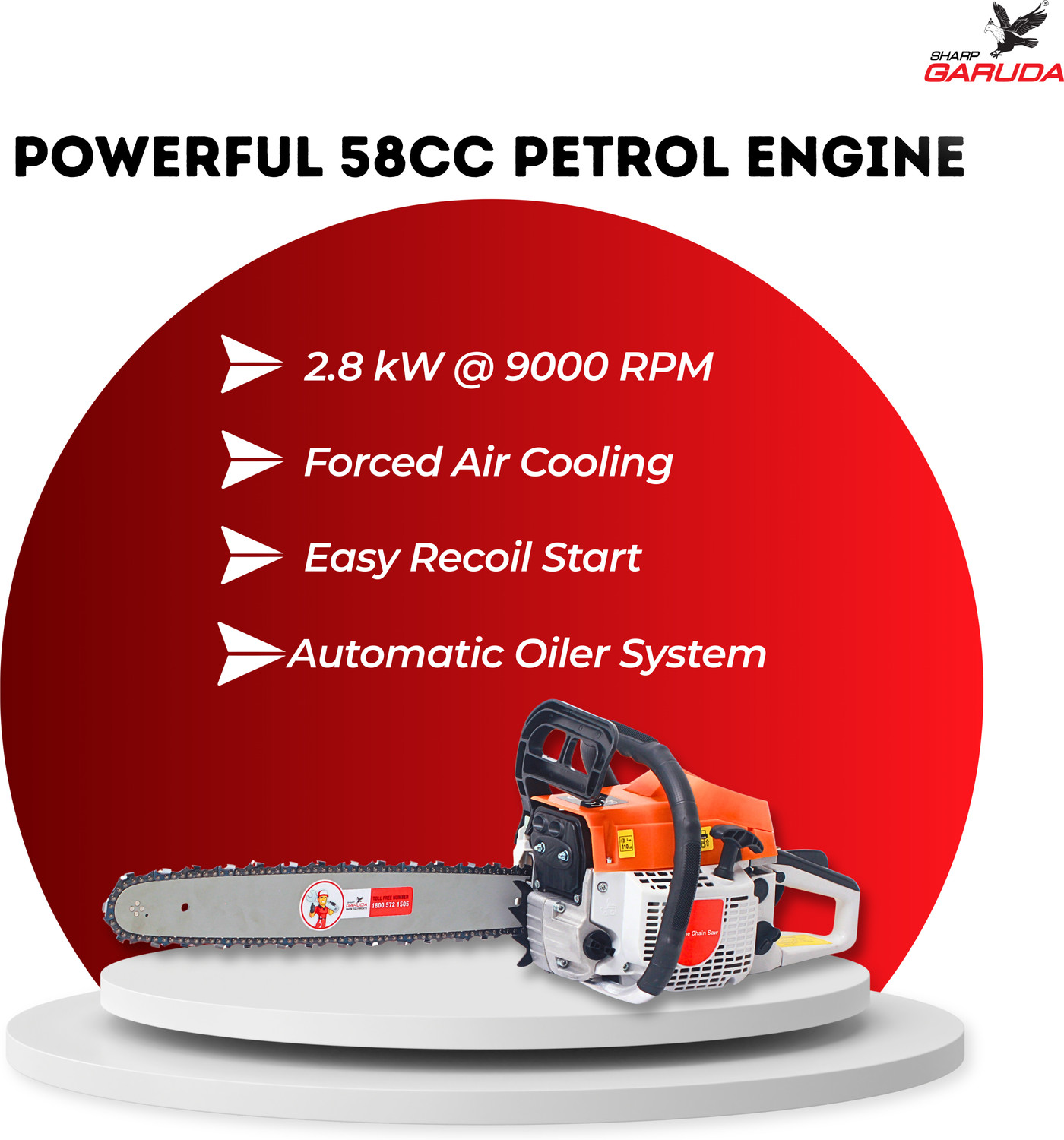 Image of Sharp Garuda Chainsaw 18inch | 58cc 2-Stroke Petrol Engine | Wood Cutting Saw Machine | Tree Cutter Tool for Garden & Farming Branch Felling, Trimming & Outdoor Use Fuel Chainsaw