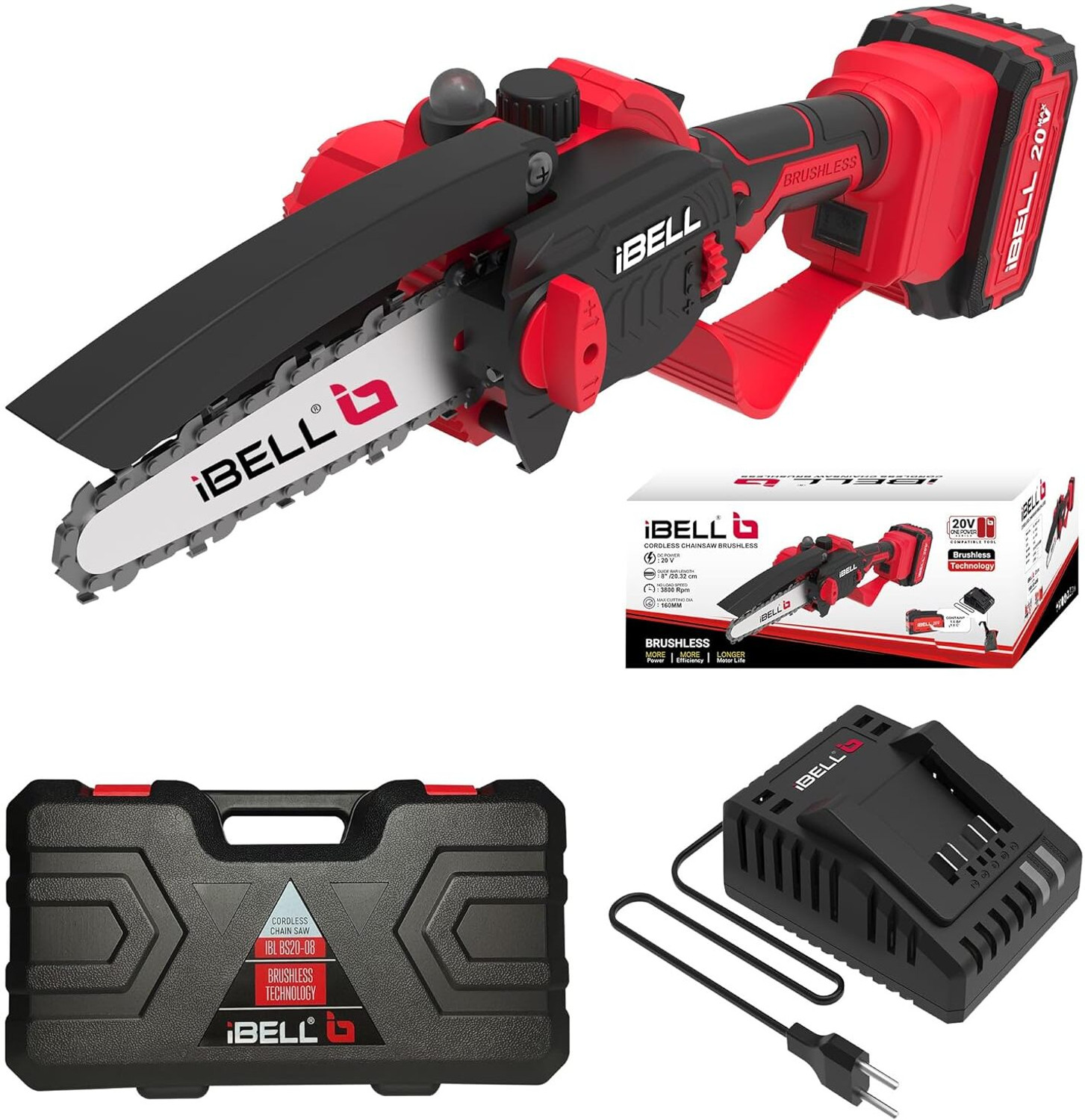 Image of iBELL One Power Series IBL BS20-08 Cordless Chain Saw Brushless with 4AH Battery and Charger + BMC box with 12 months warranty Cordless Chainsaw
