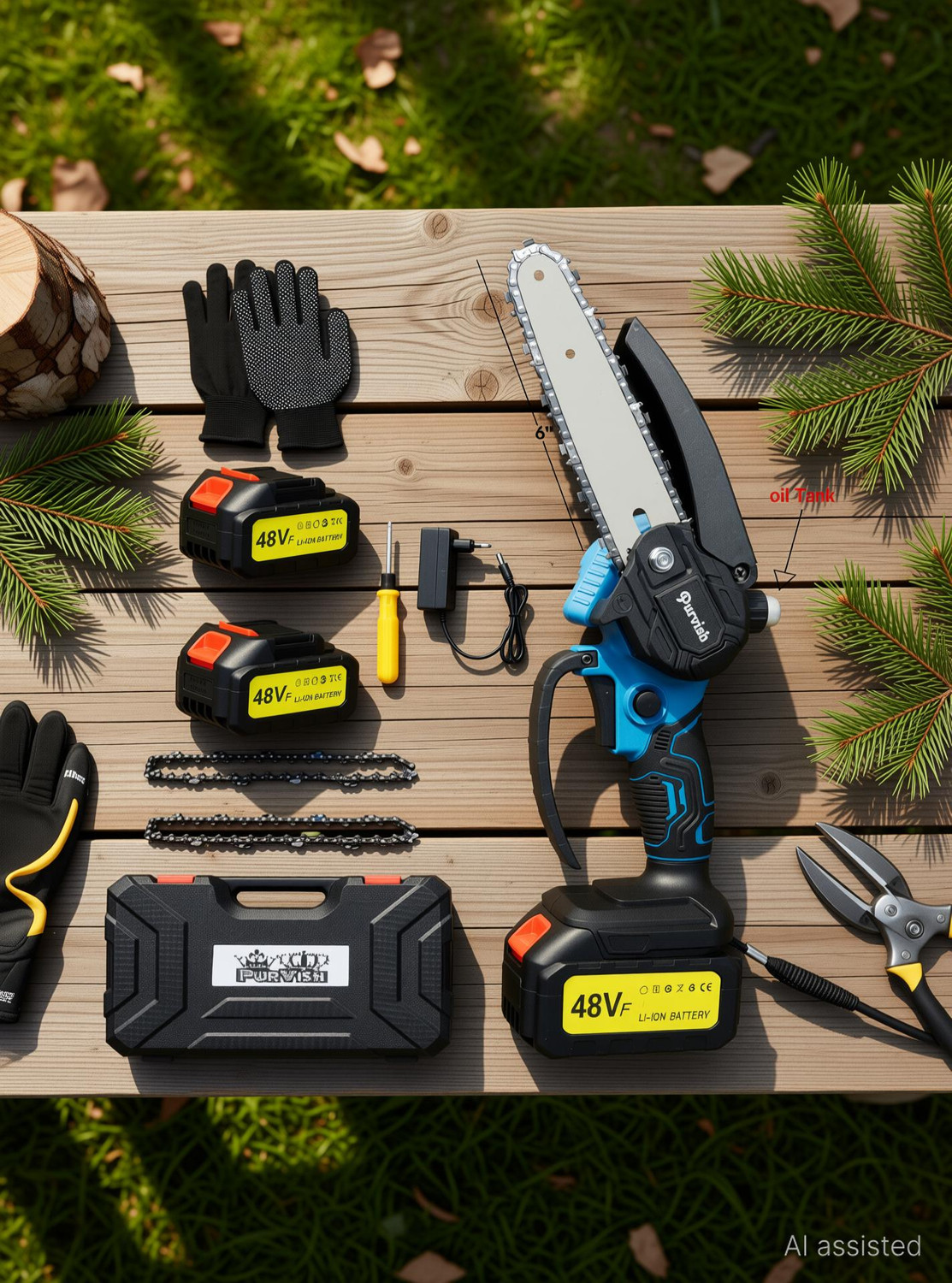 Image of purvish 6 Inch Cordless Chainsaw | High Torque Battery Powered Electric Chainsaw with In-Built Oil Tank for Gardening & Harvesting | High-Speed Wood Cutter Cordless Chainsaw