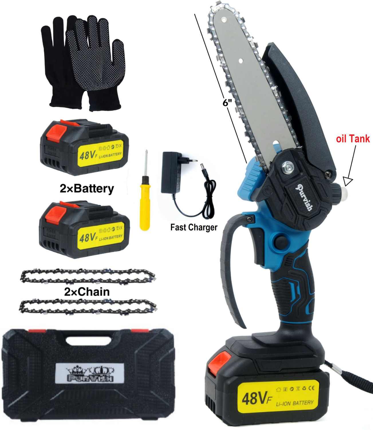 Image of purvish 6 Inch Cordless Chainsaw | High Torque Battery Powered Electric Chainsaw with In-Built Oil Tank for Gardening & Harvesting | High-Speed Wood Cutter Cordless Chainsaw