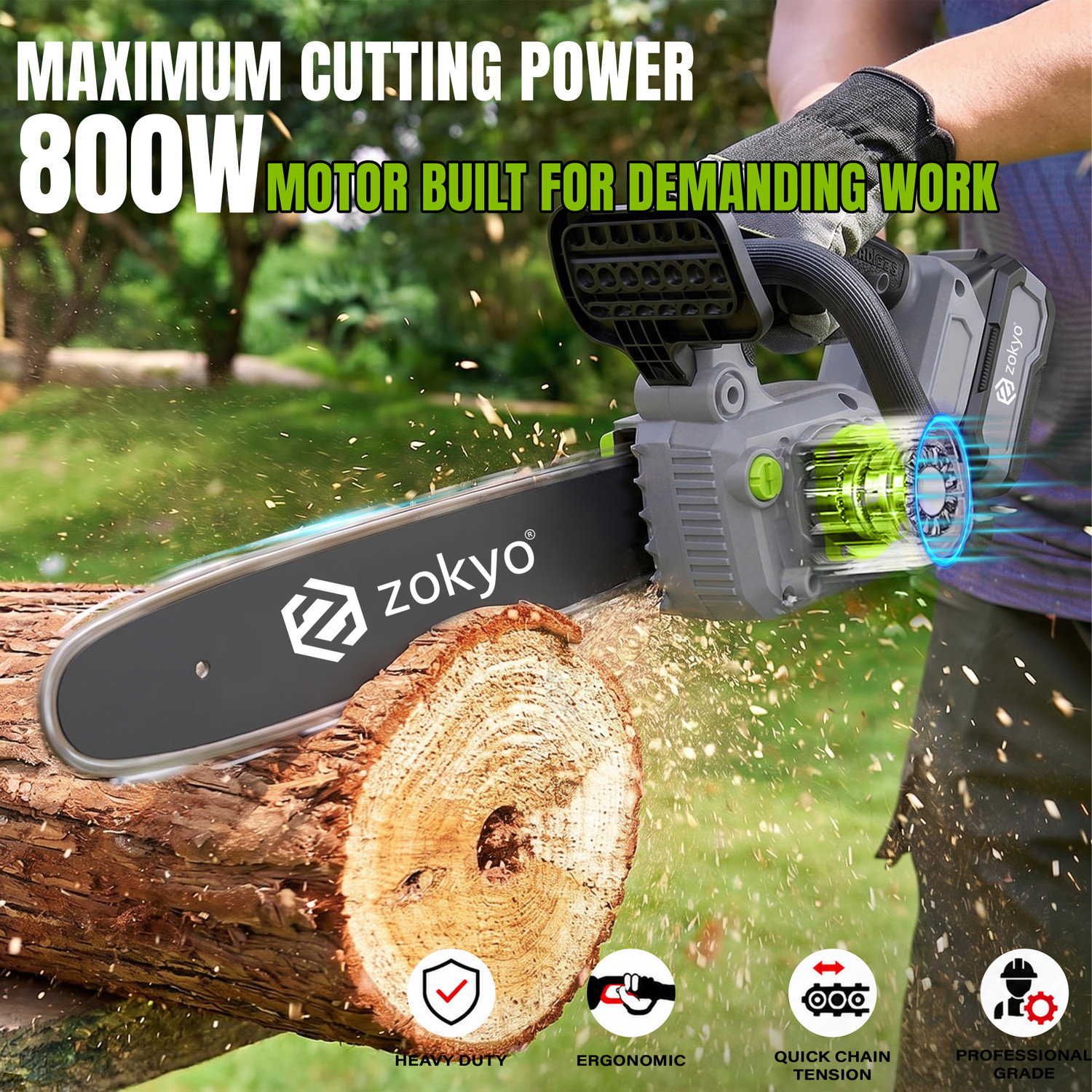 Image of ZOKYO WT BS18-12 Cordless Chainsaw Brushless 21V,800W Motor,5780 RPM, 2 x 4.0Ah Li-Ion Batteries, 12-Inch Guide Bar, 13m /s Chain Speed, Automatic Chain Lubrication Cordless Chainsaw