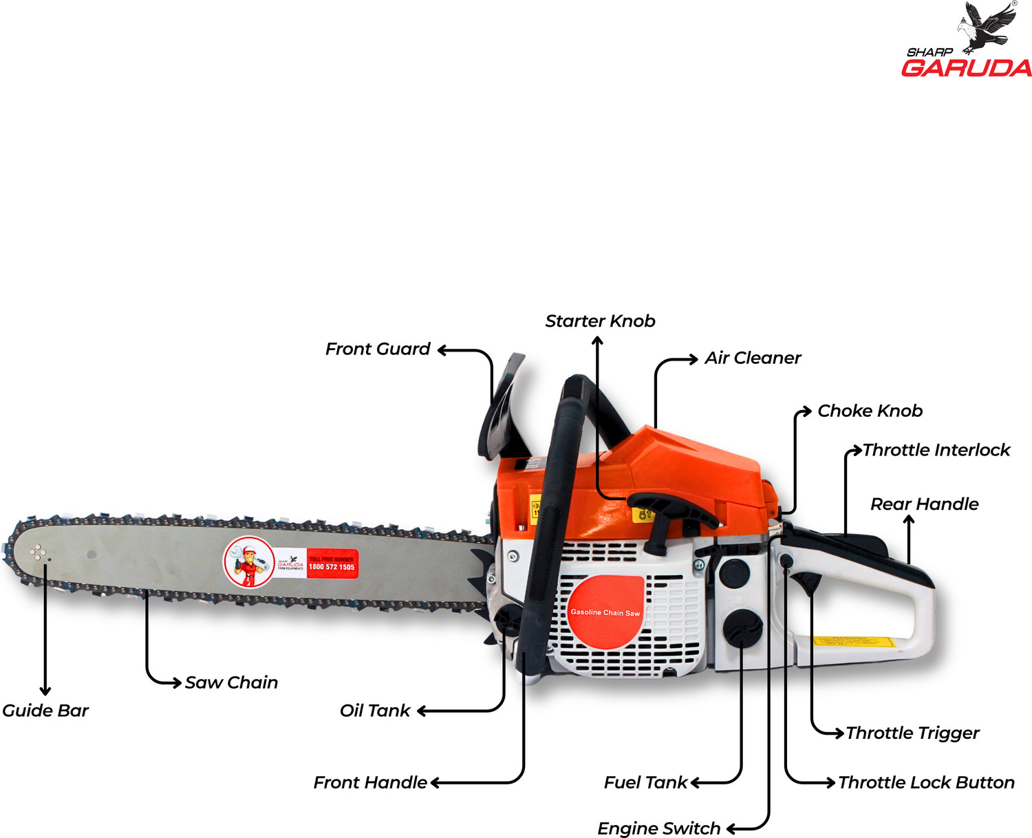 Image of Sharp Garuda Chainsaw 18inch | 58cc 2-Stroke Petrol Engine | Wood Cutting Saw Machine | Tree Cutter Tool for Garden & Farming Branch Felling, Trimming & Outdoor Use Fuel Chainsaw
