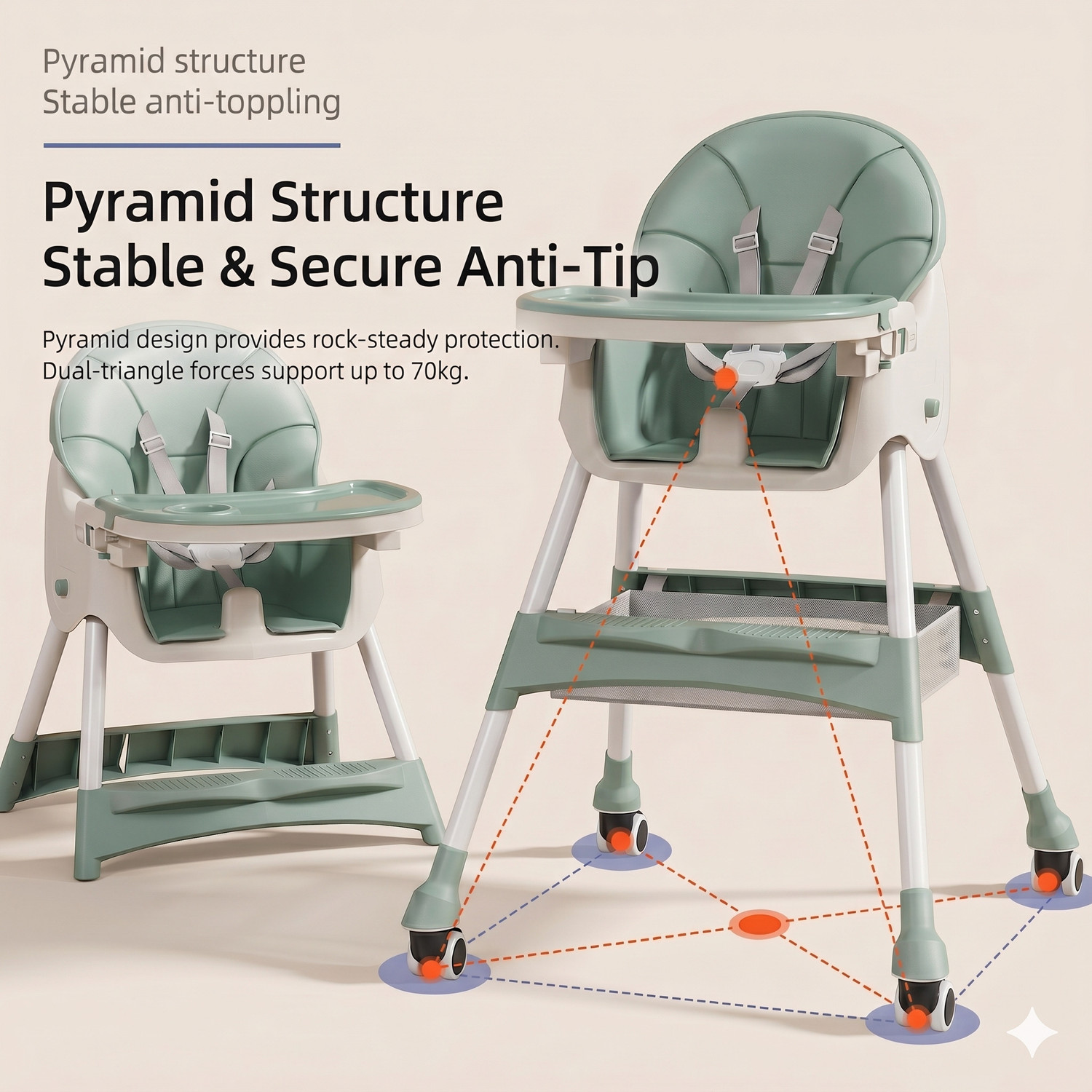 Image of Babanza Baby High Chair with reclining seat, foldable with wheels