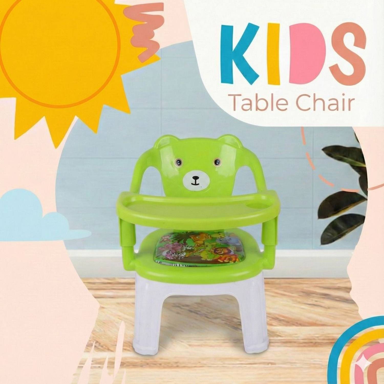 Asian Kids Bear-Themed Feeding Chair with Tray – Green & White - Image 5