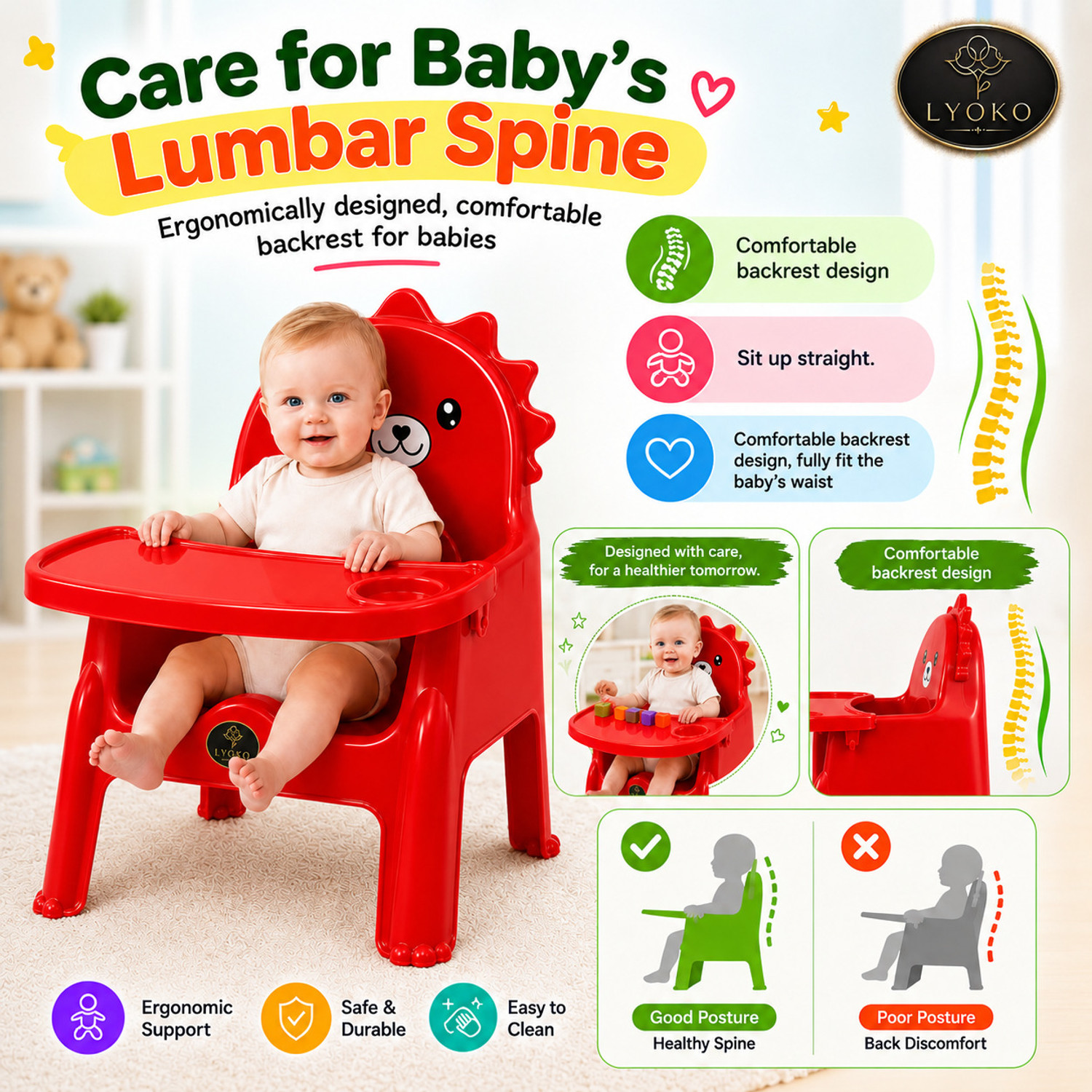 Image of LYOKO 2-in-1 Baby Chair with Removable Food Tray | Strong & Durable Plastic, Upto 50Kg (Red)