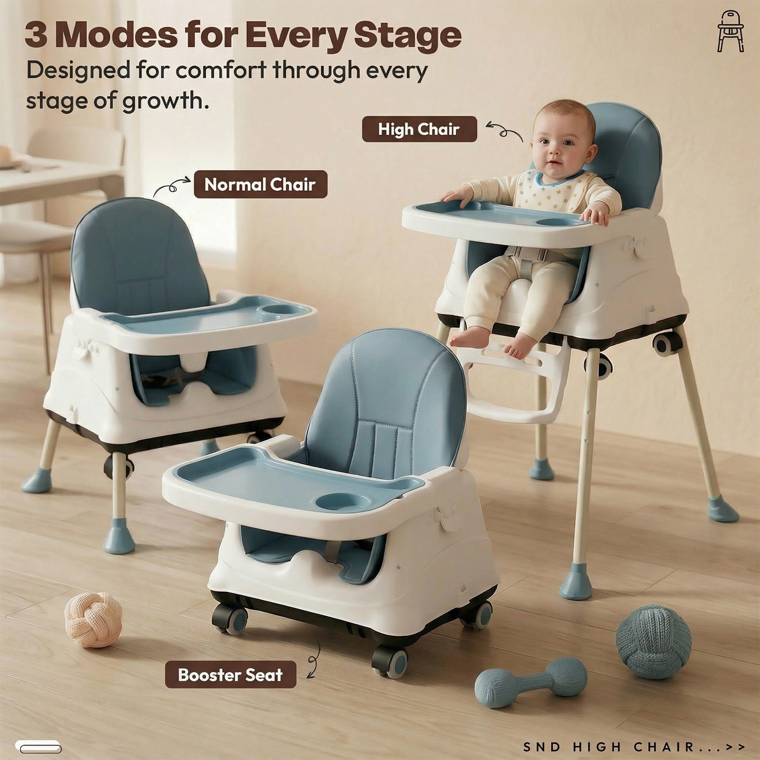 Image of StarAndDaisy Baby High Chair 4-in-1 Convertible Feeding Chair with Tray & Wheels