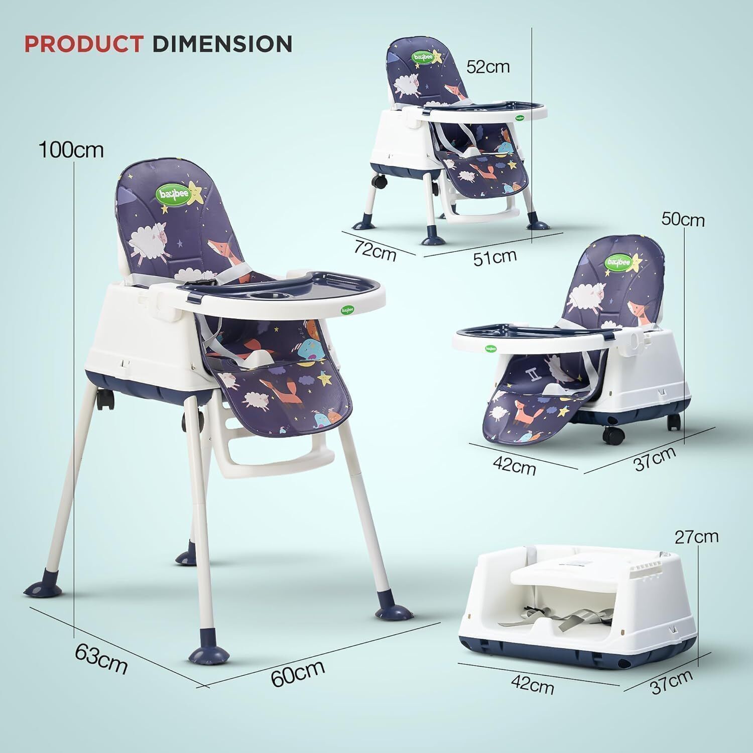 Image of baybee 4-in-1 Baby High Chair | Foldable, Adjustable, Safe & Easy to Clean
