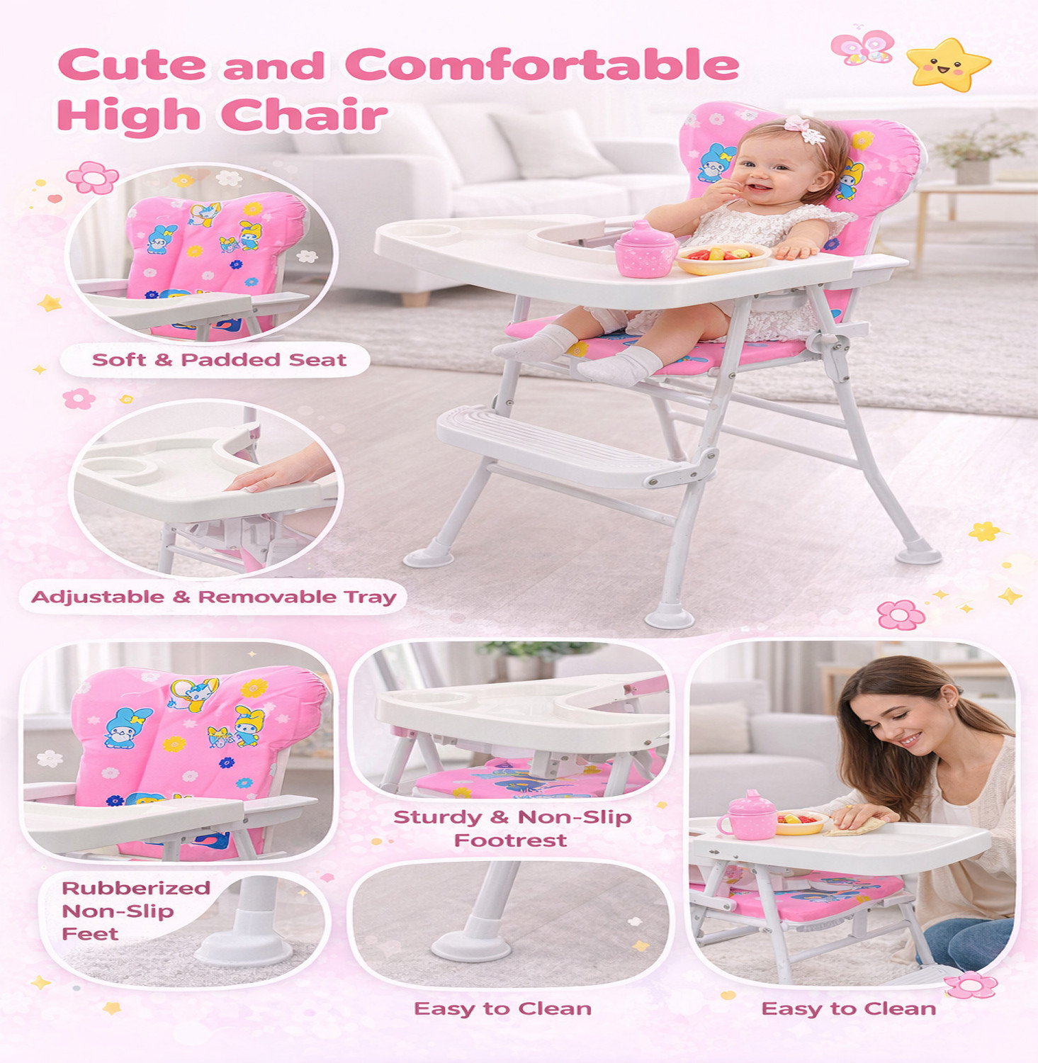 Image of DANDLES Baby Highchair with Soft Cushion and Protection Belt and Feeding Mealtime Tray