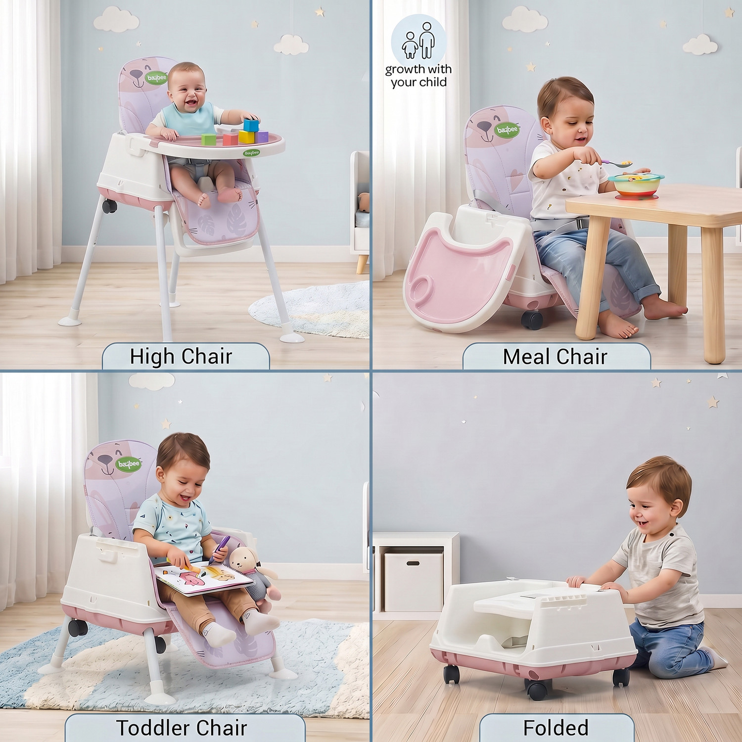 Image of baybee 4-in-1 Baby High Chair | Foldable, Adjustable, Safe & Easy to Clean (Pink)