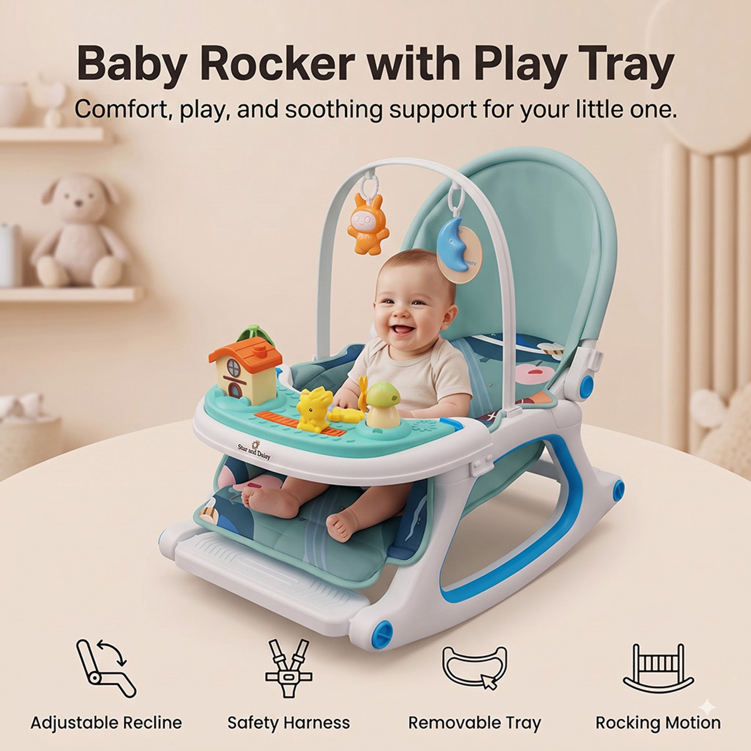 Image of StarAndDaisy Dreamy Baby Rocker Chair with Feeding Tray & Mosquito Net for 0-3 Years Rocker (Green)