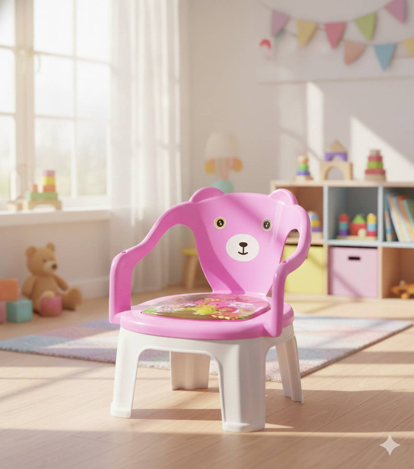 asian Teddy Chair for Kids – Pink | Cute Animal Printed Plastic Baby Chair