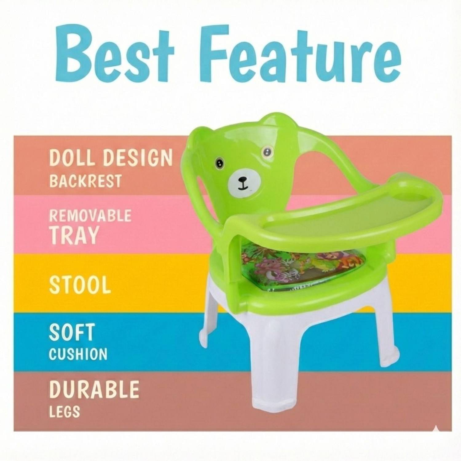 Asian Kids Bear-Themed Feeding Chair with Tray – Green & White - Image 3
