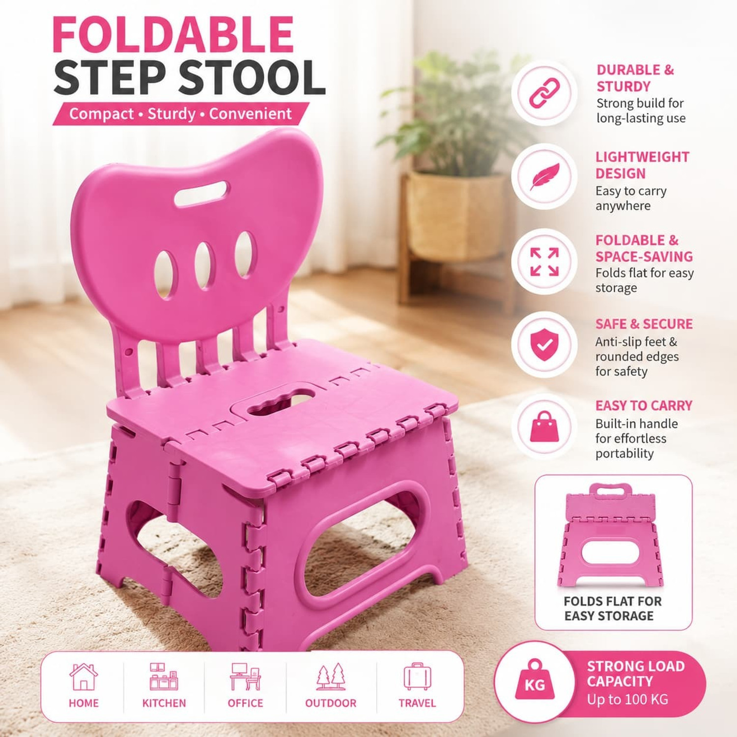 Image of Rahul FURNITURE Foldable Plastic Step Stool with Backrest, Portable Kids Chair Cum Stool, Pink
