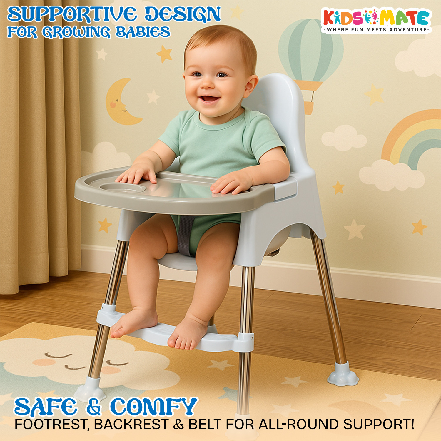 Image of Kidsmate 3-in-1 Baby High Chair | Adjustable Feeding & Activity Chair with Removable Tray