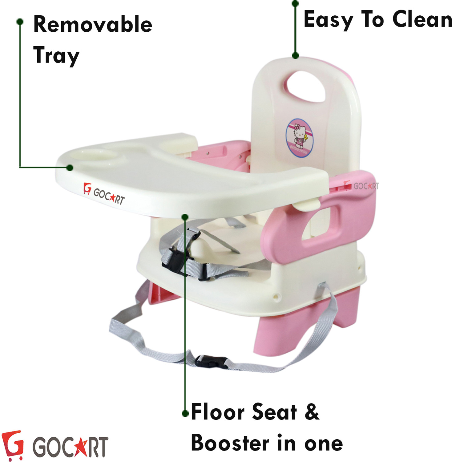 Image of GOCART Baby Booster Feeding Chair -Easy Travel Chair - with Safety Belt and Removable Dining Tray for Infants and Toddlers (Pink, White)