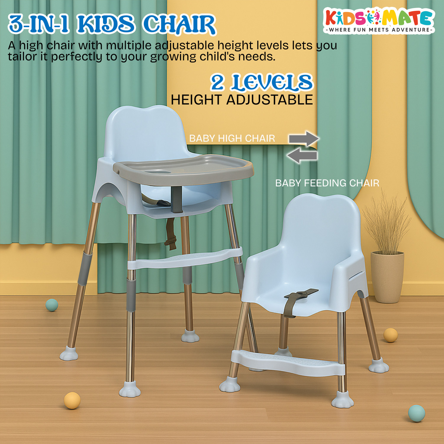 Image of Kidsmate 3-in-1 Baby High Chair | Adjustable Feeding & Activity Chair with Removable Tray