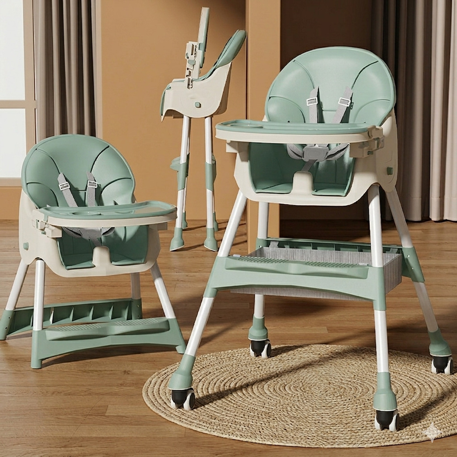 Image of Babanza Baby High Chair with reclining seat, foldable with wheels