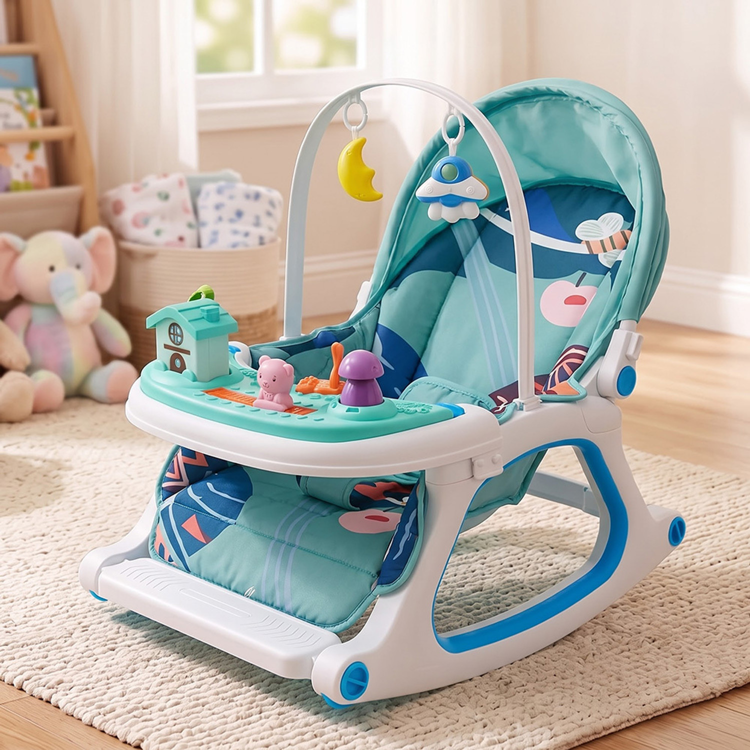 Image of StarAndDaisy Dreamy Baby Rocker Chair with Feeding Tray & Mosquito Net for 0-3 Years Rocker (Green)