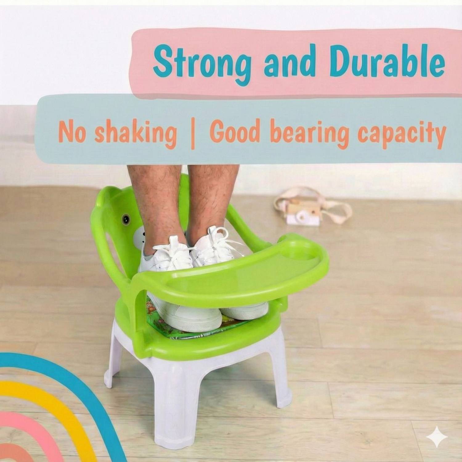 Asian Kids Bear-Themed Feeding Chair with Tray – Green & White - Image 4