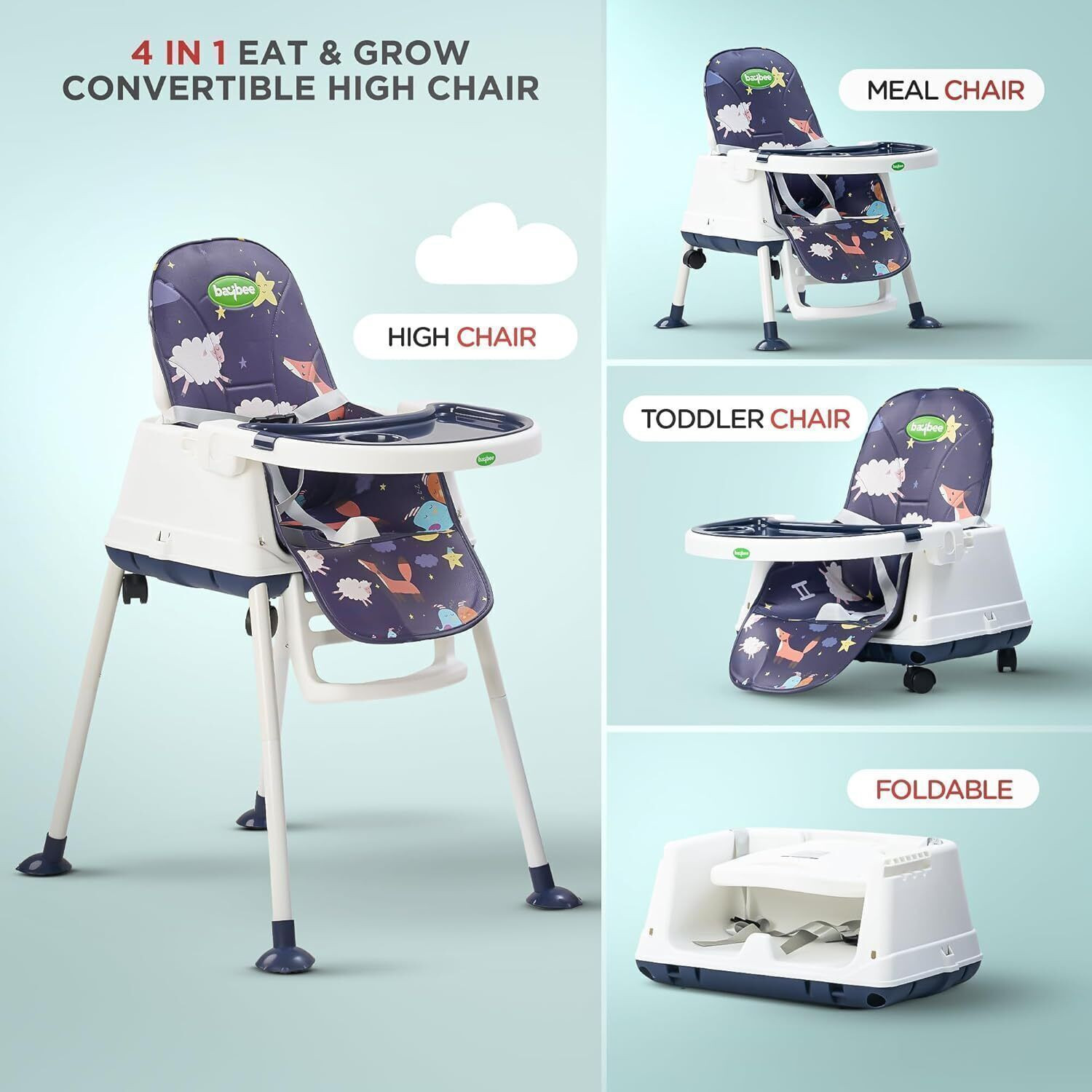 Image of baybee 4-in-1 Baby High Chair | Foldable, Adjustable, Safe & Easy to Clean