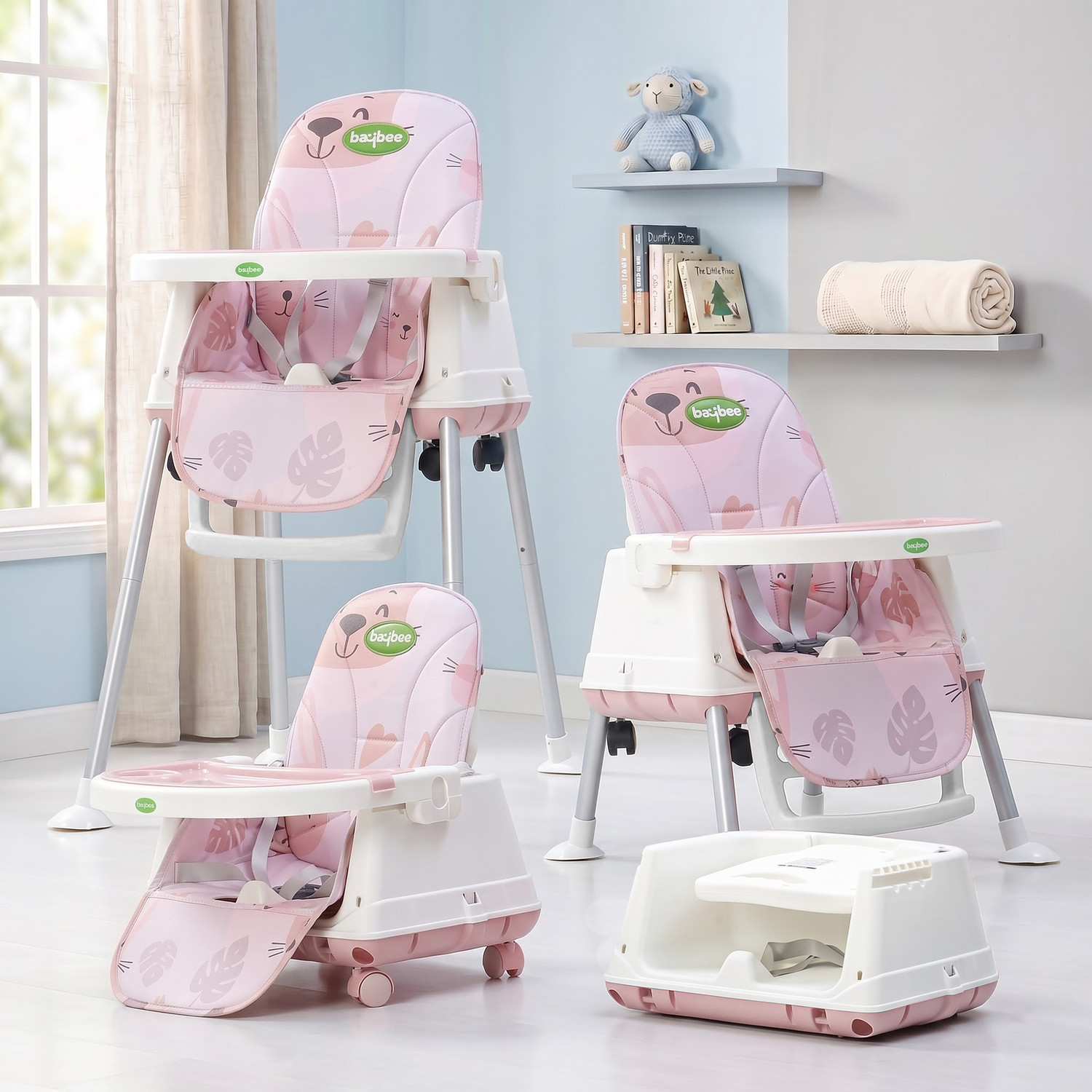 Image of baybee 4-in-1 Baby High Chair | Foldable, Adjustable, Safe & Easy to Clean (Pink)