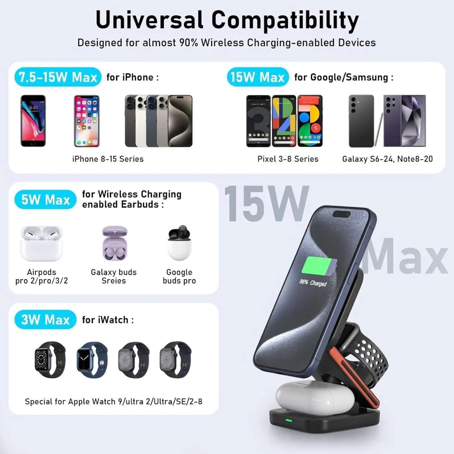 Image of UrbanVolt 3-in-1 Magnetic Wireless Charging Stand | Foldable | 5W /7.5W /10W Fast Charge Charging Pad