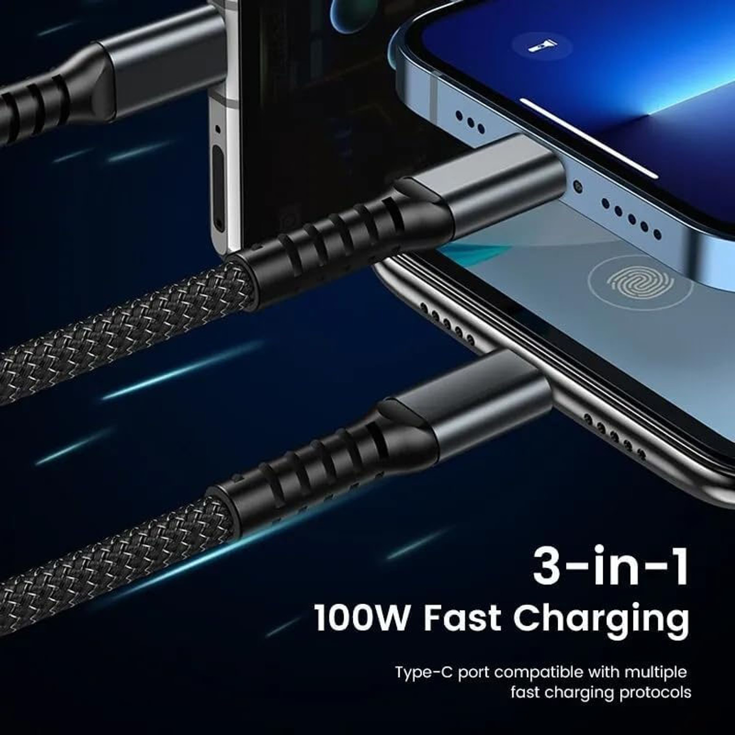 Image of 3D GOLDTM Multipurpose Cord Transparent Luminous 100W 3in1 Multi Charging Data Cable+Pouch Charging Pad