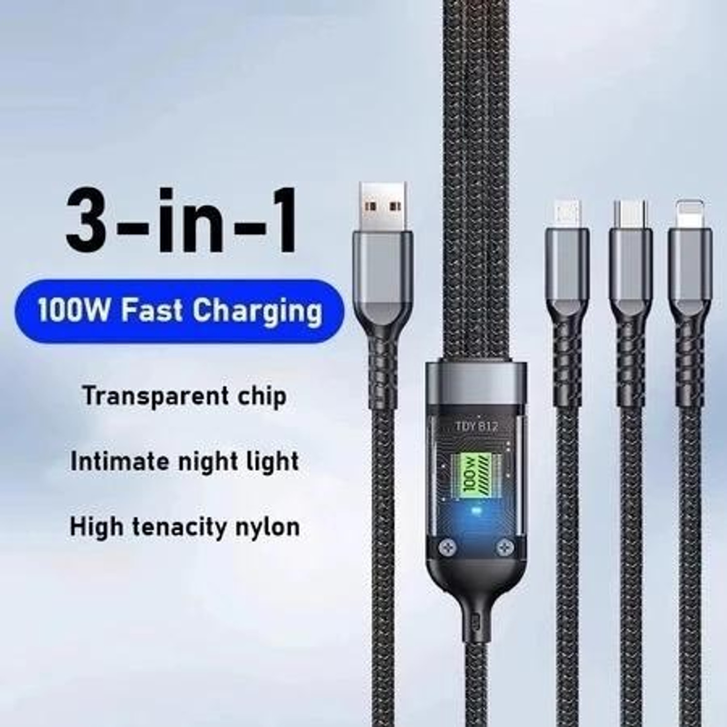 Image of 3D GOLDTM Multipurpose Cord Transparent Luminous 100W 3in1 Multi Charging Data Cable+Pouch Charging Pad
