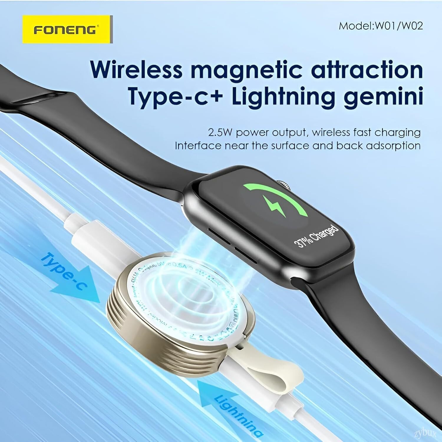 Image of Foneng iWatch USB C /Lightening Fast Wireless Smart Watch Charger 2.5W Metal Body, White Charging Pad