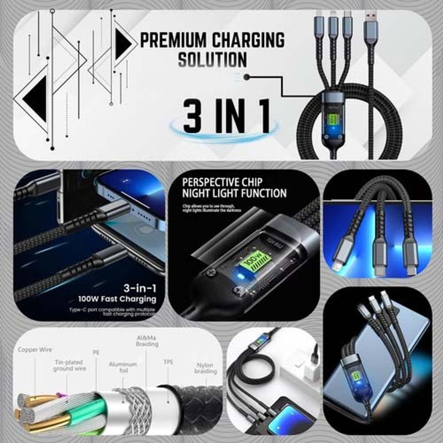 Image of 3D GOLDTM Multipurpose Cord Transparent Luminous 100W 3in1 Multi Charging Data Cable+Pouch Charging Pad