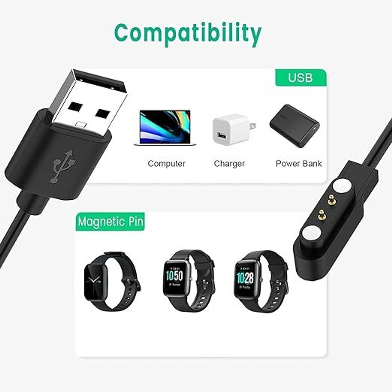 Image of GENIUSGRAWTH FB Smart watch Charger 2 Pin USB Fast Magnetic Charging Cable Adapter Charging Pad