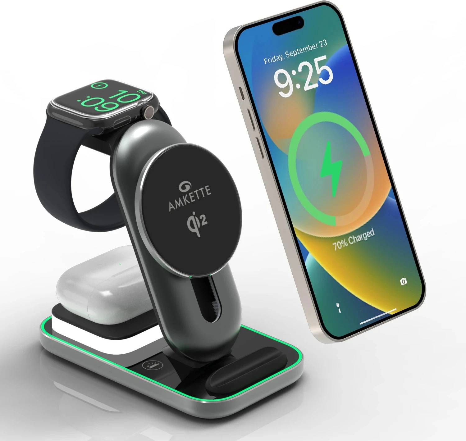 AMKETTE PowerPro Air 920, 3-in-1 Qi2 23W Magsafe Wireless Charger Charging Pad