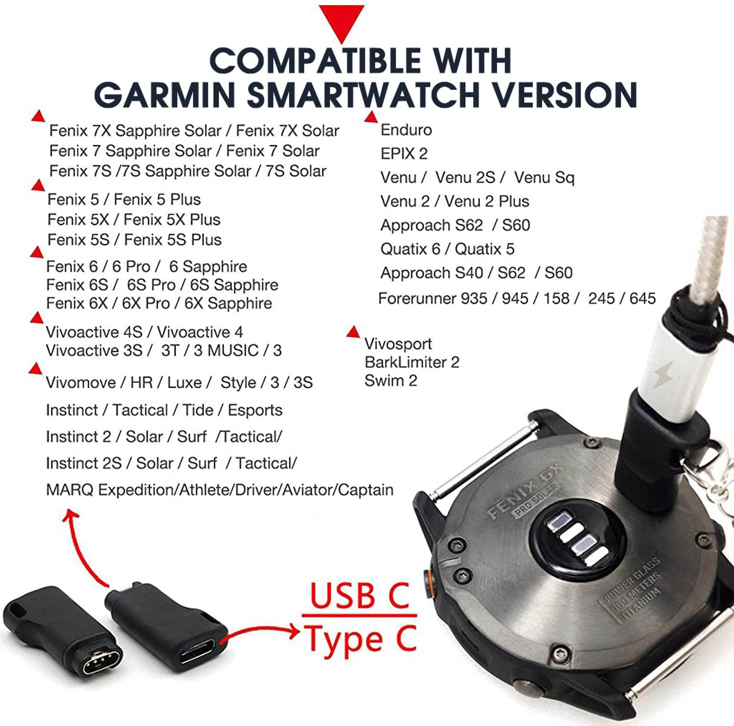 Image of Verilux Garmin Watch Charger to Type C Adapter, Compatible with Garmin Fenix Charging Pad