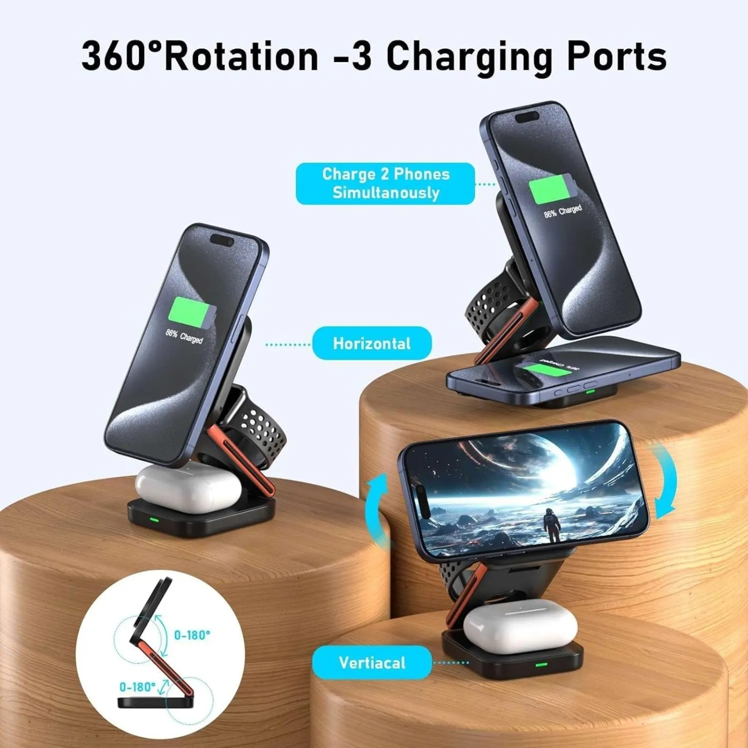 Image of UrbanVolt 3-in-1 Magnetic Wireless Charging Stand | Foldable | 5W /7.5W /10W Fast Charge Charging Pad