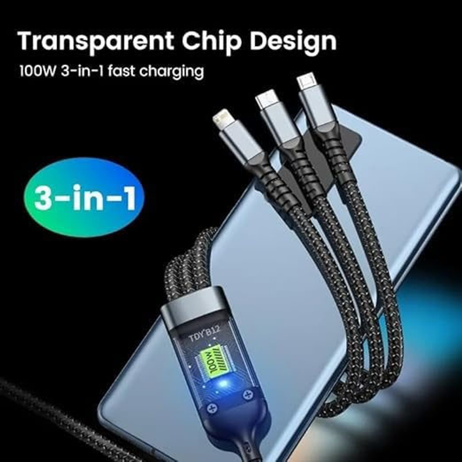 Image of 3D GOLDTM Multipurpose Cord Transparent Luminous 100W 3in1 Multi Charging Data Cable+Pouch Charging Pad
