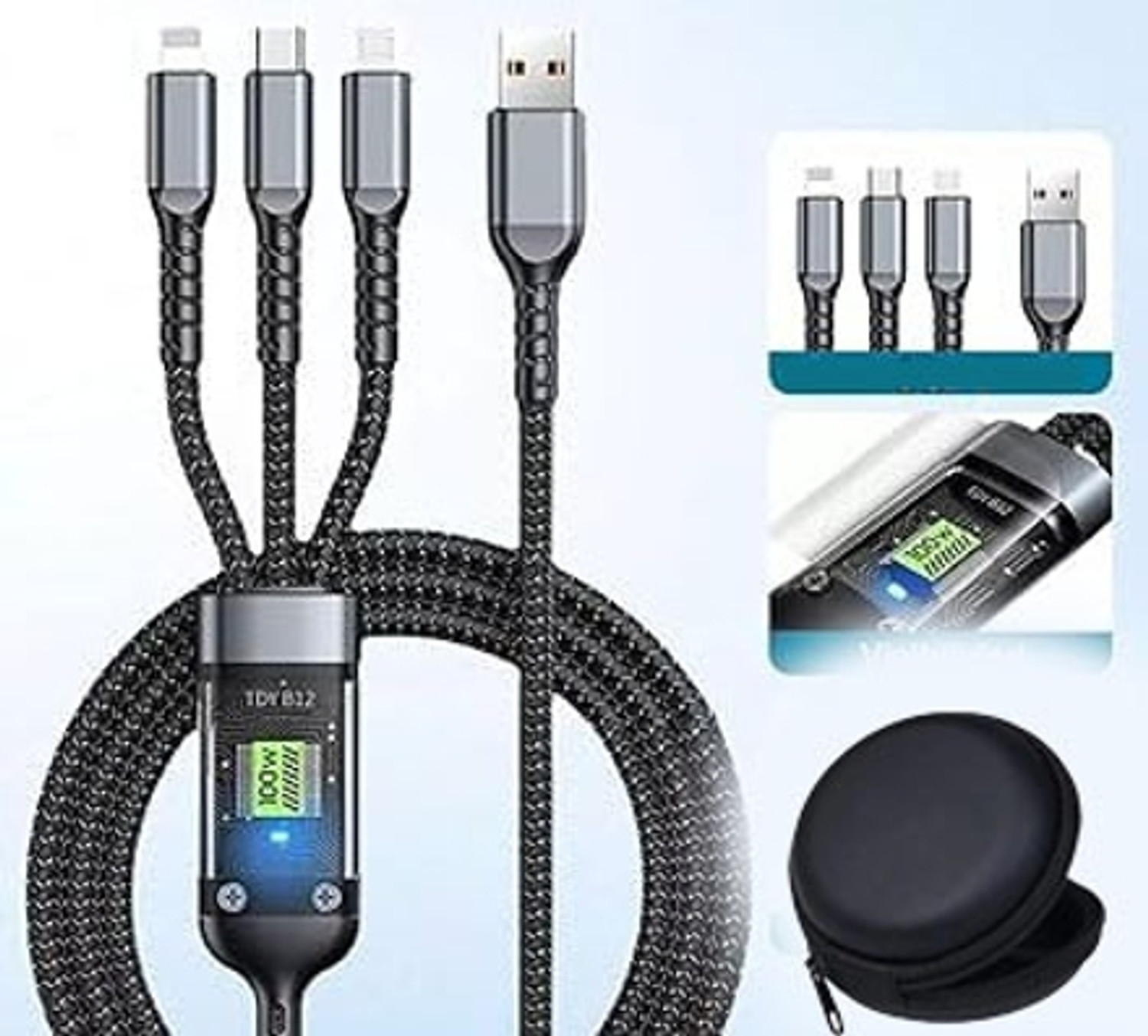 Image of 3D GOLDTM Multipurpose Cord 100W Transparent Luminous 3in1 Multi Charging Data Cable+Pouch Charging Pad