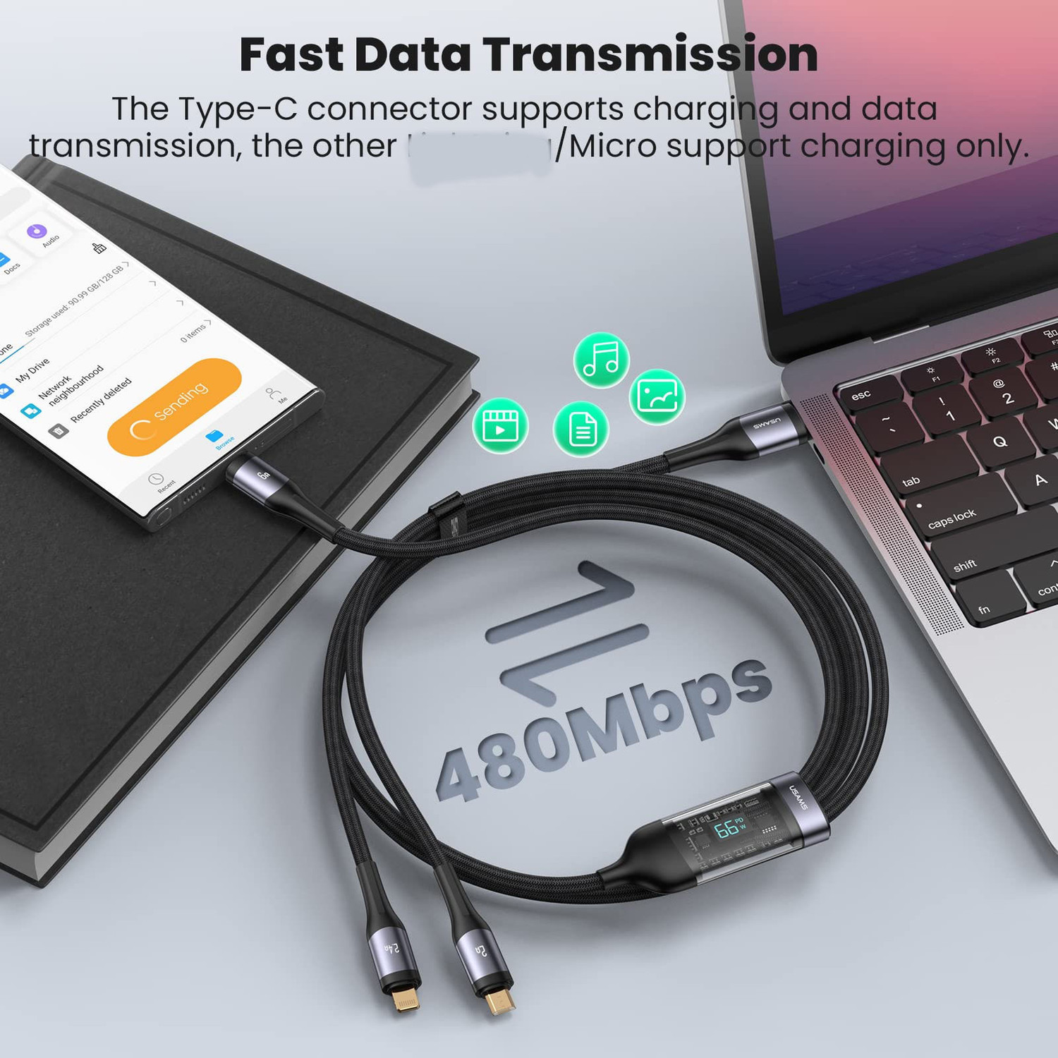 Image of 3D GOLDTM Multipurpose Cord 100W Transparent Luminous 3in1 Multi Charging Data Cable+Pouch Charging Pad