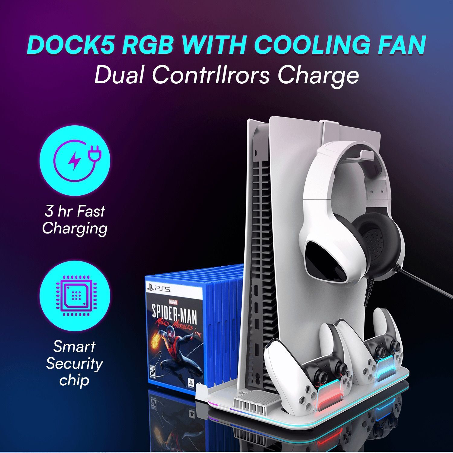 Image of xavion Dock5 RGB with Cooling Fan and Dual Controller For PS5 Pro /Slim,Digital /Disc Charging Station