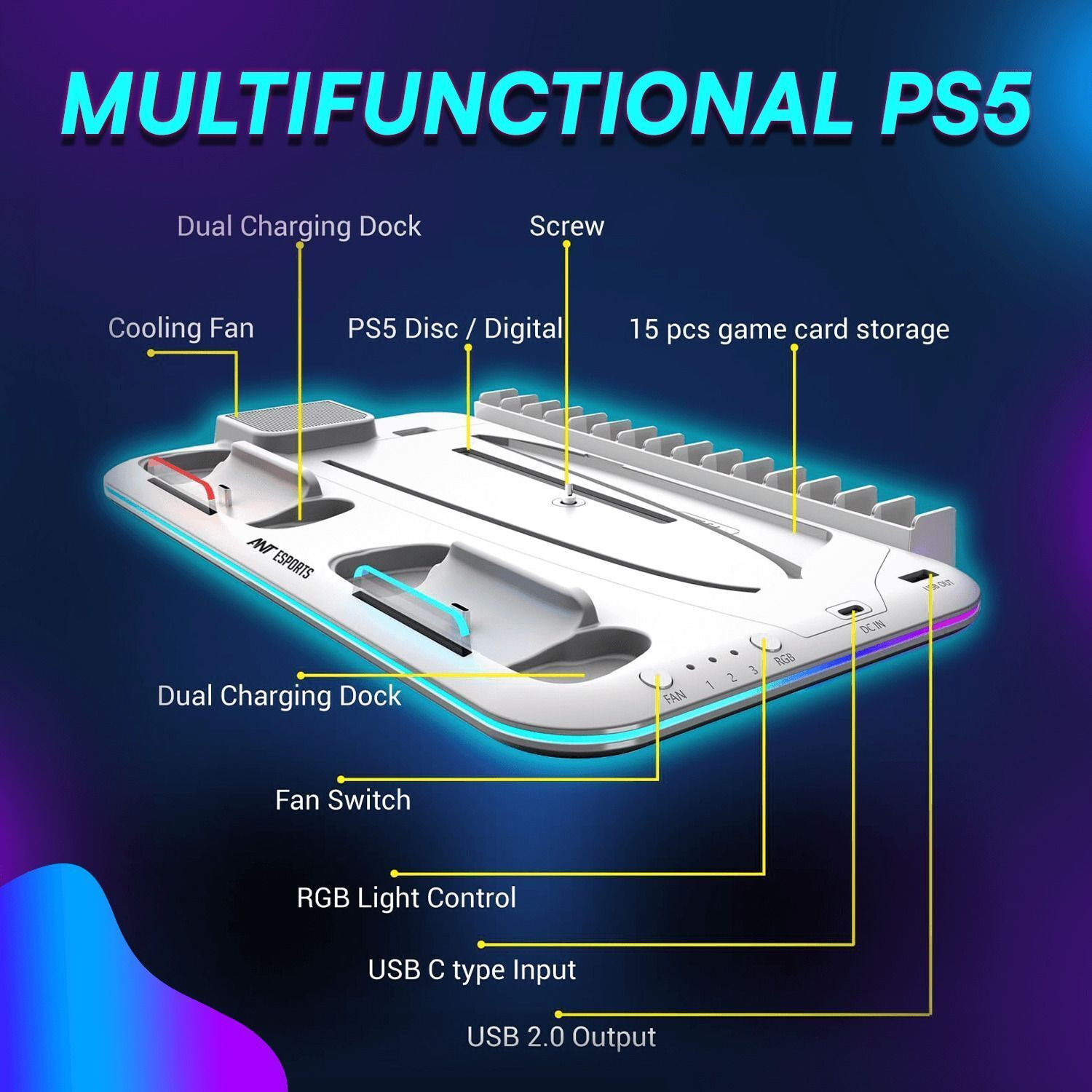 Image of xavion Dock5 RGB with Cooling Fan and Dual Controller For PS5 Pro /Slim,Digital /Disc Charging Station
